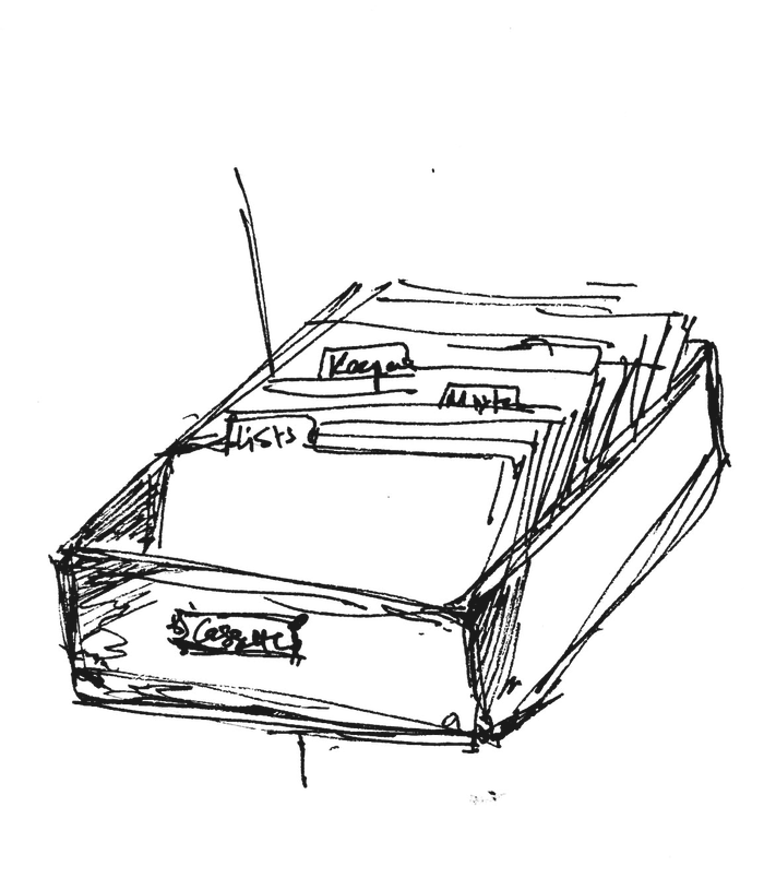 Ink sketch of a card-index drawer marked 'cassette', with tabs for Keepers, Mixtapes and Lists