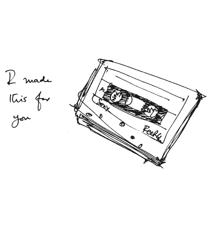 Ink sketch of a tall stack of cassette tapes, the top one labelled 'late night — mix for Alex'