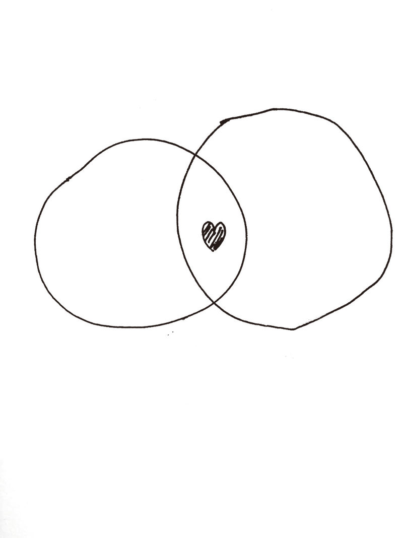 Ink sketch of two overlapping circles with a small heart drawn in the overlap