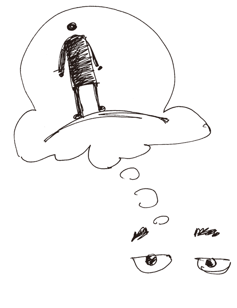 Ink sketch of a figure standing on a hill inside a thought bubble, dreamt by a pair of eyes below