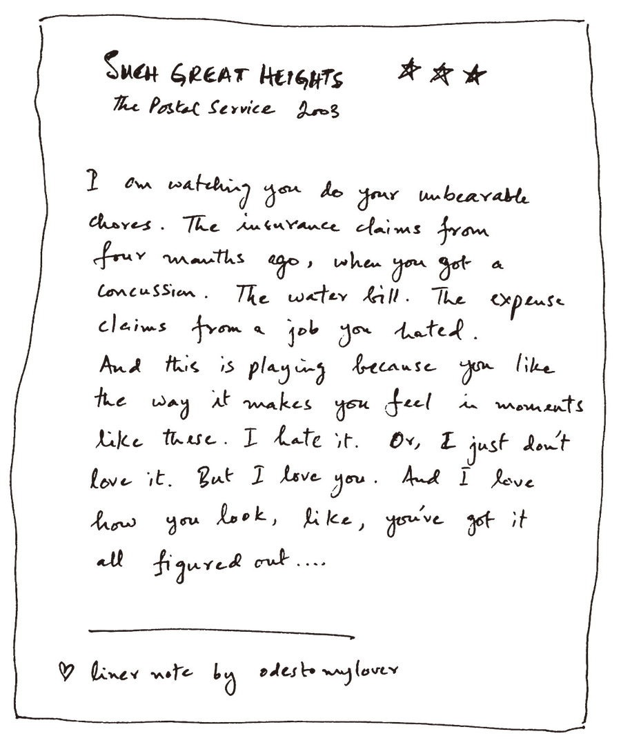 Hand-written liner note card: Such Great Heights, The Postal Service 2003, three stars, liner note by odestomylover