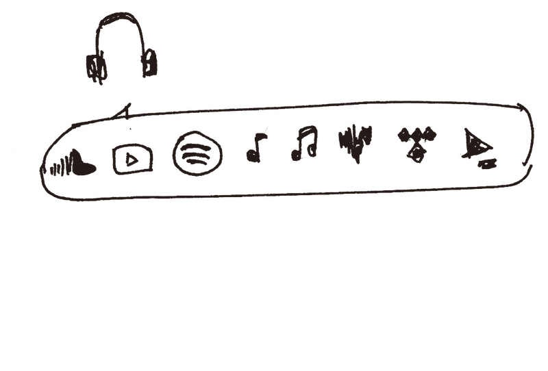 Ink sketch of headphones above a row of listening-service icons
